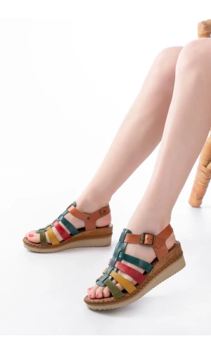 Bidebuvar 731-204 Multi  Hakiki Deri Dolgu Topuklu Günlük Kadın Sandalet