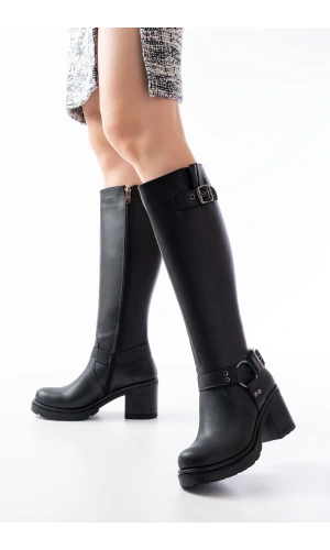 Bidebuvar 767-3005 Siyah Toka Aksesuarlı Fermuarlı Günlük Kalın Topuklu Kadın Bot