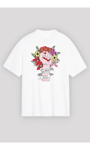 Bidebuvar 8 Mart Dünya Kadınlar Günü Baskılı Oversize Bisiklet Yaka T-shirt - Beyaz