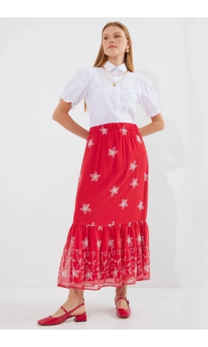 Bidebuvar 8010 Desenli Şifon Etek - A.Kırmızı
