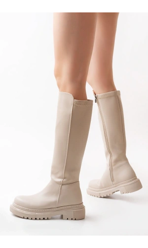 Bidebuvar 812-305 Bej Arkası Streç Fermuarlı Günlük Kadın Çizme