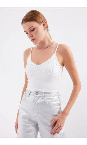 Bidebuvar 918 İp Askılı Crop Top - Beyaz