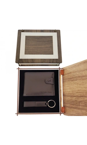 Bidebuvar Ahşap Kutulu Deri Cüzdan Ve Anahtarlık Seti