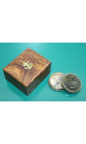 Bidebuvar Ahşap Kutulu Pirinç Pusula Ejderha Desenli