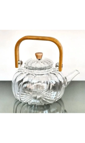 Bidebuvar Ahşap Saplı Cam Çizgili Demlik