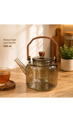 Bidebuvar Akasya Saplı Demlik - 1200 ml - Borosilikat Cam