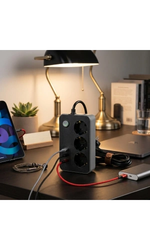 Bidebuvar Akım Korumalı 3 Prizli 3 USB Girişli Uzatma Kablosu