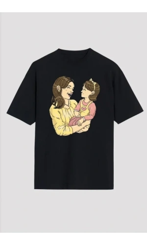 Bidebuvar Anneler Günü Hediye Anne Kız Temalı Baskılı Oversize Bisiklet Yaka T-shirt - Siyah