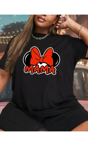Bidebuvar Anneler Günü Hediye Anne Temalı Baskılı Oversize Bisiklet Yaka T-shirt - Siyah