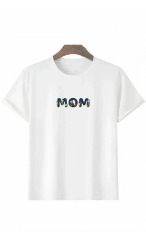 Bidebuvar Anneler Günü Hediye Mom Çiçek Baskılı Oversize Bisiklet Yaka T-shirt - Beyaz