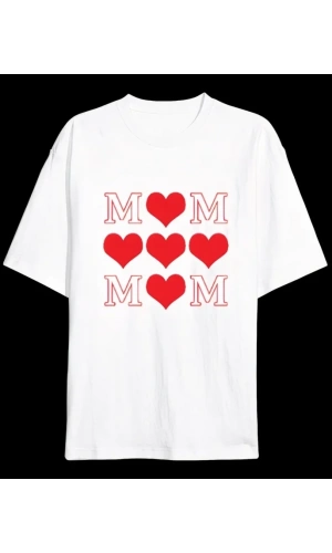 Bidebuvar Anneler Günü Hediye MOM Kalp Baskılı Oversize Bisiklet Yaka T-shirt - Beyaz