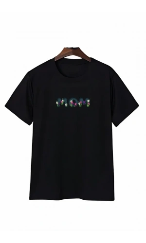 Bidebuvar Anneler Günü Mom Çiçek Temalı Baskılı Oversize Bisiklet Yaka T-shirt - Siyah