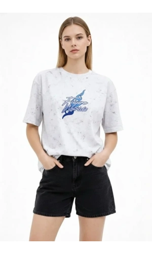 Bidebuvar Asit Yıkamalı Oversize Tişört Future Worlds Baskılı Bisiklet Yaka Kısa Kollu Streetwear %100 Pamuk Street Style T-Shirt - Beyaz