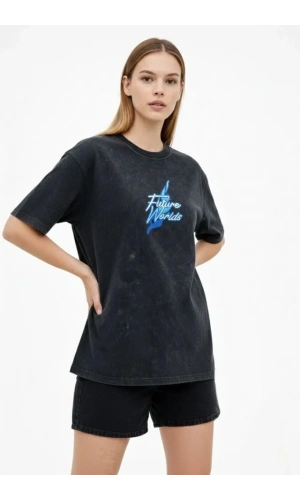 Bidebuvar Asit Yıkamalı Oversize Tişört Future Worlds Baskılı Bisiklet Yaka Kısa Kollu Streetwear %100 Pamuk Street Style T-Shirt - Siyah