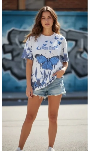 Bidebuvar Asit Yıkamalı Oversize Tişört Mavi Kelebek Baskılı Dijital Print Bisiklet Yaka Streetwear T-Shirt - Beyaz