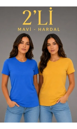 Bidebuvar Basic Bisiklet Yaka Yazlık Slim Fit T-Shirt - Mavi - Hardal Sarısı
