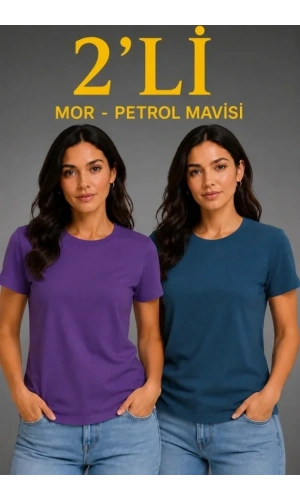 Bidebuvar Basic Bisiklet Yaka Yazlık Slim Fit T-Shirt - Mor - Petrol Mavisi