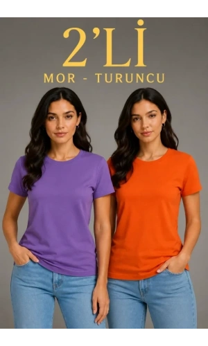 Bidebuvar Basic Bisiklet Yaka Yazlık Slim Fit T-Shirt - Mor  - Turuncu