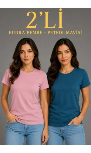 Bidebuvar Basic Bisiklet Yaka Yazlık Slim Fit T-Shirt - Pudra Pembe - Petrol Mavi