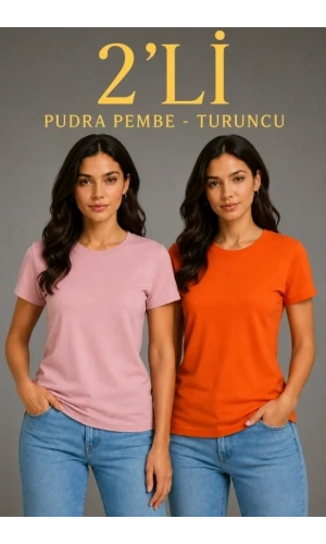 Bidebuvar Basic Bisiklet Yaka Yazlık Slim Fit T-Shirt - Pudra Pembe - Turuncu