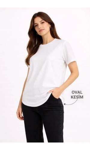 Bidebuvar Basic T-Shirt Kısa Kol Bisiklet Yaka Oval Kesim Tişört - Beyaz