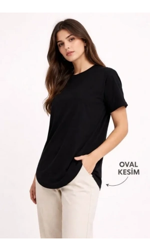 Bidebuvar Basic T-Shirt Kısa Kol Bisiklet Yaka Oval Kesim Tişört - Siyah