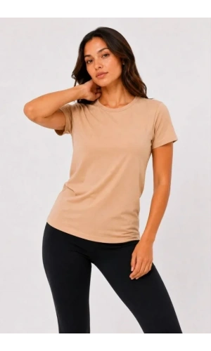 Bidebuvar Basic Tişört Bisiklet Yaka Kısa Kol Günlük Yazlık Slim Fit T-Shirt - Bej