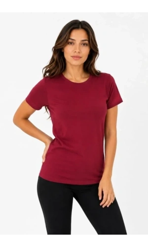 Bidebuvar Basic Tişört Bisiklet Yaka Kısa Kol Günlük Yazlık Slim Fit T-Shirt - Bordo