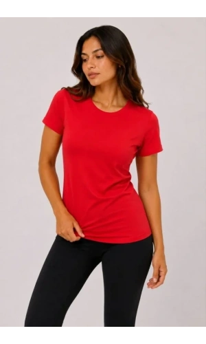 Bidebuvar Basic Tişört Bisiklet Yaka Kısa Kol Günlük Yazlık Slim Fit T-Shirt - Kırmızı