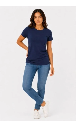 Bidebuvar Basic Tişört Bisiklet Yaka Kısa Kol Günlük Yazlık Slim Fit T-Shirt - Lacivert