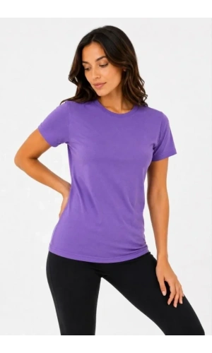 Bidebuvar Basic Tişört Bisiklet Yaka Kısa Kol Günlük Yazlık Slim Fit T-Shirt - Mor