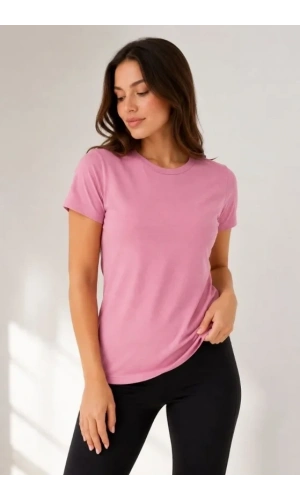 Bidebuvar Basic Tişört Bisiklet Yaka Kısa Kol Günlük Yazlık Slim Fit T-Shirt - Pembe