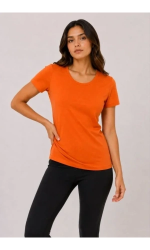 Bidebuvar Basic Tişört Bisiklet Yaka Kısa Kol Günlük Yazlık Slim Fit T-Shirt - Turuncu