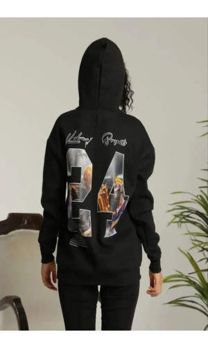 Bidebuvar Baskılı Oversize Üç İplik Kapüşonlu Sweatshirt - Siyah