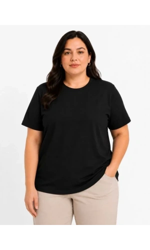 Bidebuvar Battal Big Size Basic Tişört Bisiklet Yaka Rahat Kalıp T-Shirt - Siyah