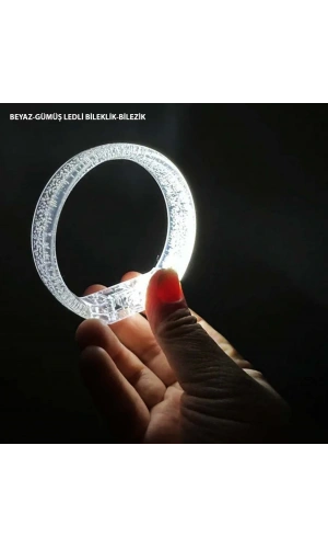 Bidebuvar Beyaz-Gümüş Led Işıklı Baskı Yapılabilen Pilli Bileklik Bilezik