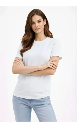 Bidebuvar Bisiklet Yaka Tişört Regular Kalıp Basic Pamuklu Günlük Kullanım T-shirt - Beyaz