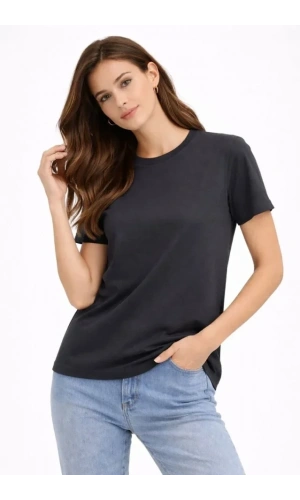 Bidebuvar Bisiklet Yaka Tişört Regular Kalıp Basic Pamuklu Günlük Kullanım T-shirt - Füme