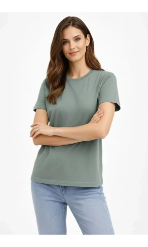 Bidebuvar Bisiklet Yaka Tişört Regular Kalıp Basic Pamuklu Günlük Kullanım T-shirt - Mint Yeşili