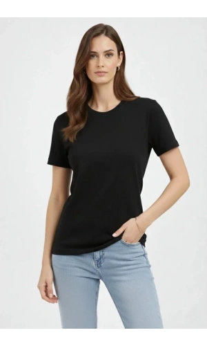 Bidebuvar Bisiklet Yaka Tişört Regular Kalıp Basic Pamuklu Günlük Kullanım T-shirt - Siyah