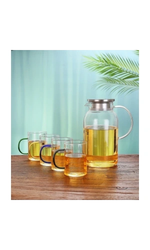 Bidebuvar Borosilikat Cam Sürahi ve 4lü Fincan Seti