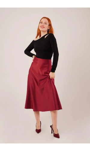 Bidebuvar Çan Kesim Midi Bordo Saten Etek