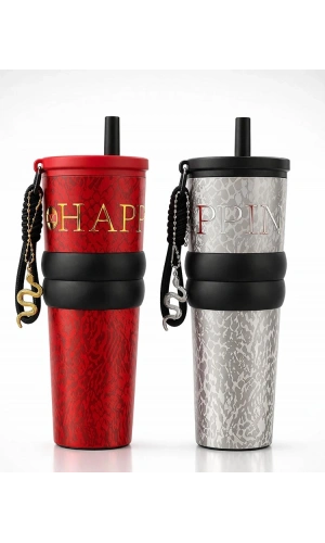 Bidebuvar Charm Detaylı Pipetli Çift Katmanlı Vakumlu Termos Bardak