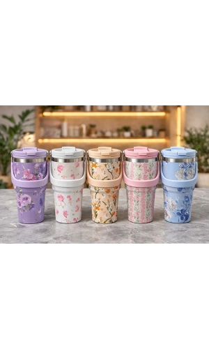 Bidebuvar Çiçek Desenli 700 ml Taşıma Kulplu Paslanmaz Çelik Termos Mug Bardak