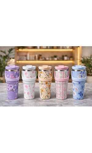 Bidebuvar Çiçek Desenli 900 ml Taşıma Kulplu Paslanmaz Çelik Termos Mug Bardak