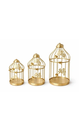 Bidebuvar Dekoratif Gold Metal 3lü Kafes Mumluk Seti