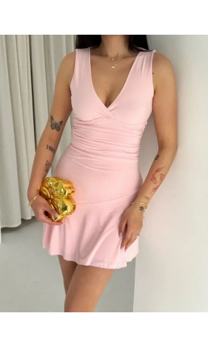 Bidebuvar Derin V Yaka Sırt Dekolteli Mini Elbise Drapeli Şık Kolsuz - Pembe