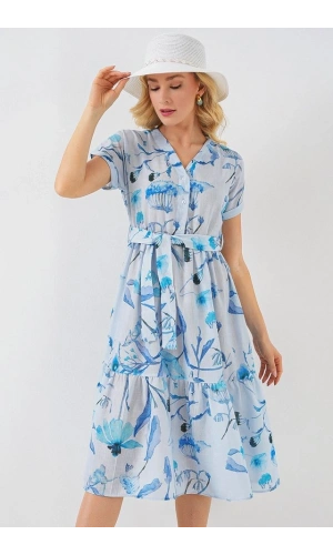Bidebuvar Desenli Kısa Kol Elbise 2558 - Mavi
