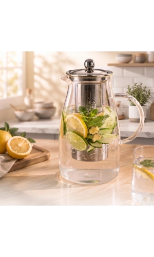 Bidebuvar Detoks Sürahisi - 1500 ml - Paslanmaz Çelik Filtre - Cam
