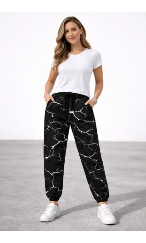 Bidebuvar Dijital Baskılı Eşofman Altı Kışlık Üç İplik Şardonlu Kumaş Lastikli Paça, Cepli, Rahat Kalıp - Siyah